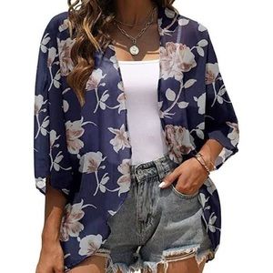 Blue floral kimono sheer cardigan cover up one size